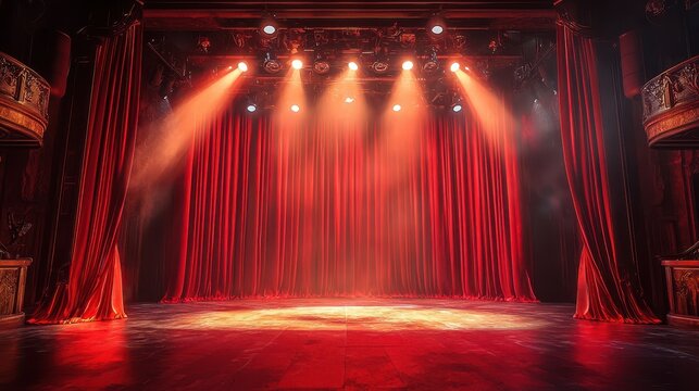 Elegant theater stage meticulously designed with rich red curtains, illuminated by warm spotlighting, creating a captivating atmosphere for performances in an opulent setting