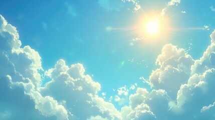 A bright blue sky with a golden sun glowing brightly in the top corner.