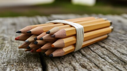 A bundle of finished pencils tied with a simple rubber band on a rustic surface.