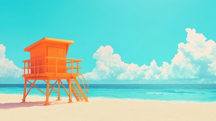 Fototapeta premium A bright orange lifeguard tower on a sandy beach under the summer sun.