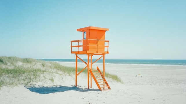 A bright orange lifeguard tower on a sandy beach under the summer sun.