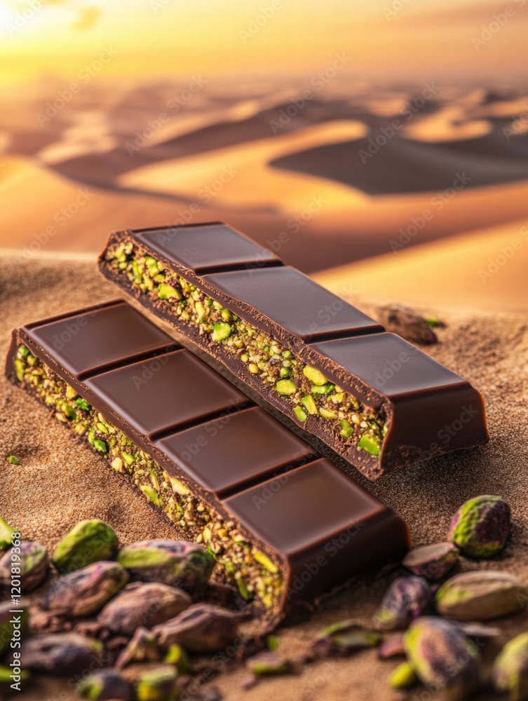 Poster Delightful chocolate bar filled with smooth pistachio paste set against a stunning desert backdrop. Generative AI