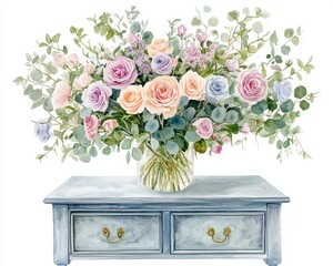 Beautiful pastel roses arranged elegantly in a vase on a wooden table.