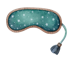 Sleep mask with a tassel and star print cute illustration in cartoon style. Hand drawn watercolor comfort night accessories. Perfect for the use for pajama party theme template and designs.