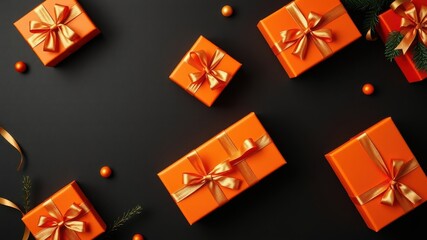 A festive arrangement of orange gift boxes with gold bows scattered on a black background, with a few tiny golden accents for a touch of elegance.