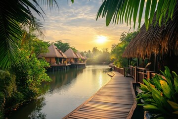 Fototapeta premium Tropical paradise: private resort with villas, lagoon, and lush greenery