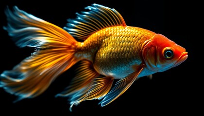Fototapeta premium Stunning Goldfish Image Vibrant Scales Fins Black Background