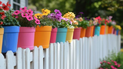 A cottage-style garden with a white fence lined with brightly colored flower pots.