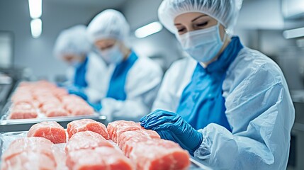 Workers in protective gear carefully inspect and package meat in a clean, industrial setting, emphasizing food safety and hygiene.