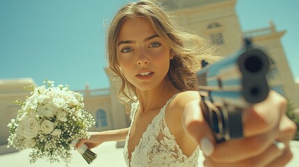 Bridesmaid leaps to catch the bridal bouquet while exuding confidence in a sunny outdoor setting, capturing a blend of tradition and excitement in a unique moment