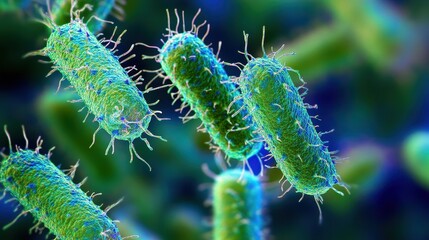 Naklejka premium Cluster of germs under a microscope, [germ, biology research, microorganism], [extreme close-up, high detail, soft light]