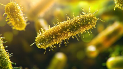 Naklejka premium Cluster of germs under a microscope, [germ, biology research, microorganism], [extreme close-up, high detail, soft light]