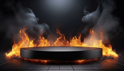 Obraz premium A 3D render of a black podium with dramatic scene of fire and smoke rising, showcase advertisement