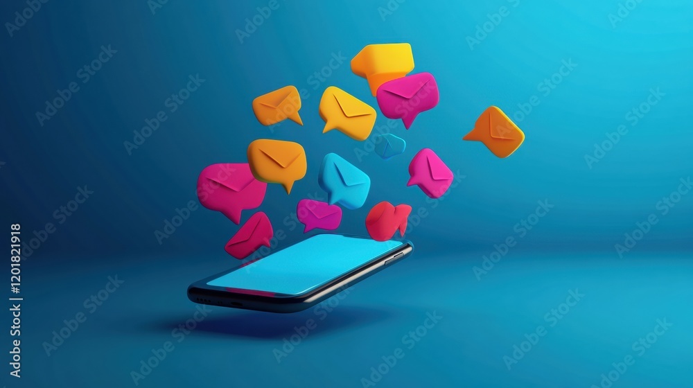 Poster bright chat bubbles emerge from a smartphone against a vibrant blue background showcasing digital co
