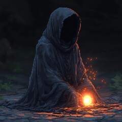A tiny, squishy, faceless figure shrouded in a hood is depicted in pixel art, cradling a radiant orb amid a mystical landscape during the enchanting twilight hours