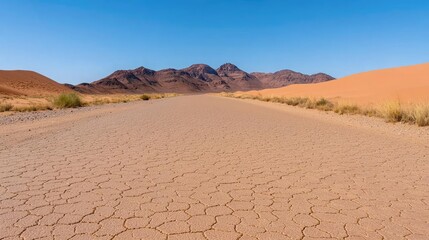 Desert road leading to mountains under a clear sky; travel, adventure background