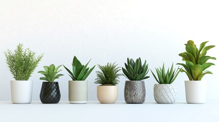 Fototapeta premium A row of minimalistic potted plants, each in different geometric pots, on a pristine white surface.