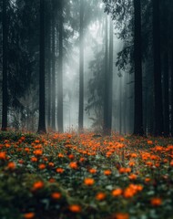 Obraz premium Misty Forest with Tall Trees and Sunlight