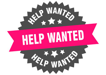 help wanted. help wanted round pink label isolated on transparent background