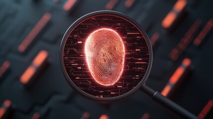A magnified fingerprint rendered in digital style, glowing in red against a dark, tech-inspired background.