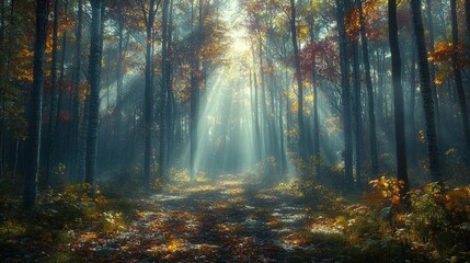 Obraz premium Sunbeams Illuminate Mystical Autumn Forest Path