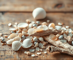 Fototapeta premium Beautiful collection of seashells and driftwood displayed on rustic wooden surface captured in natural light