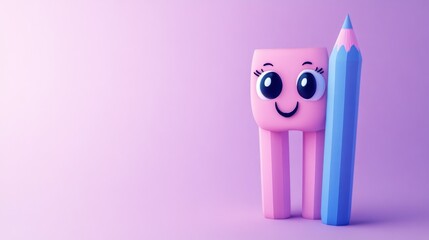 Happy pink cube & blue pencil on purple, back-to-school