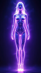 A futuristic AI character with human-like features standing against a purple glowing backdrop.