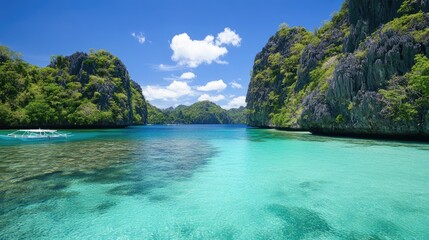 Obraz premium A lagoon with crystal-clear water bordered by mangrove trees.