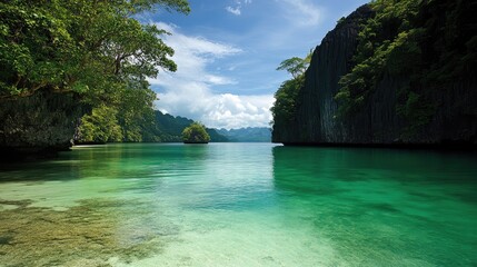 Obraz premium A lagoon with crystal-clear water bordered by mangrove trees.
