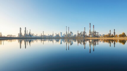 Fototapeta premium A large oil refinery reflected in a nearby water body under a clear blue sky.