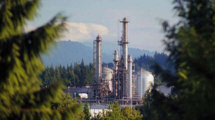 Obraz premium A large industrial refinery framed by tall trees in the distance.