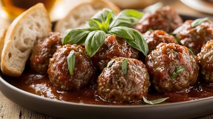 Serving of Italian meatballs marinara sauce garnished with fresh basil and served with bread