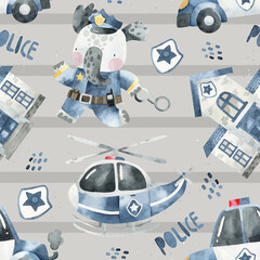 Seamless watercolor pattern with cute elephant police officer. helicopter, patrol car on gray striped background. Police dept. Kids texture for fabric, wrapping, textile, wallpaper. Emergency, Safety. © ZHUKO
