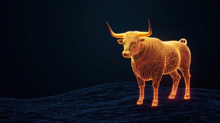 A glowing, wireframe bull stands against a dark background, showcasing a vibrant, digital design that emphasizes its strength and character.