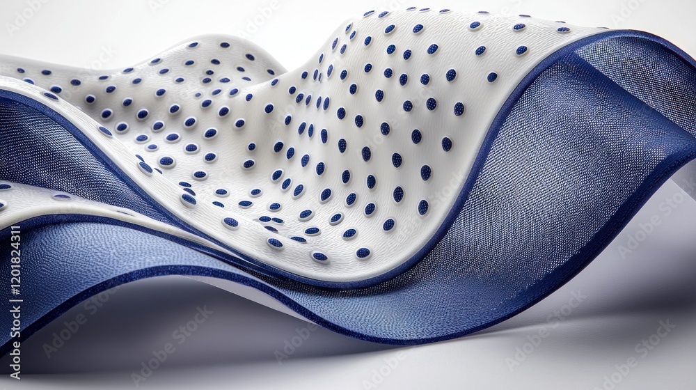 Fototapete Abstract Blue and White Fabric Texture with Flowing Waves and Square Pattern