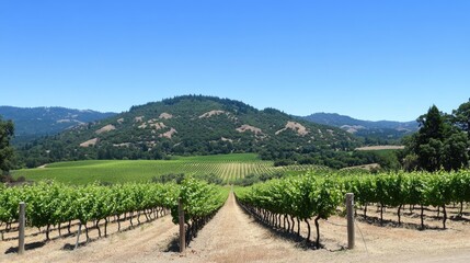 Fototapeta premium A lush vineyard with grapevines basking under the summer sun.
