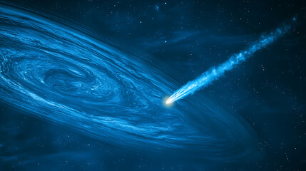A comet streaks across a starry sky.