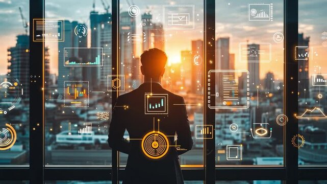 Visionary Leader:  A silhouetted businessman stands gazing out a panoramic window overlooking a modern cityscape, bathed in the golden light of sunrise. The scene exudes ambition and opportunity.