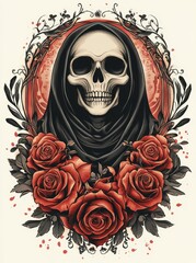 Traditional Grim Tattoo Illustration with Roses