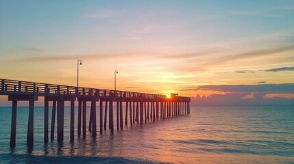 Fototapeta premium A serene sunset view over a calm ocean, with a wooden pier extending into the water, reflecting warm hues in the sky.