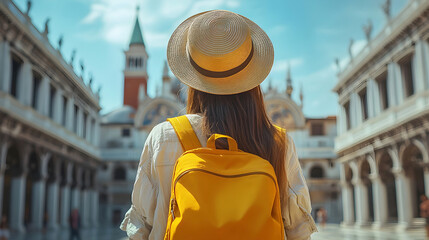 Traveler with a yellow backpack and straw hat exploring a historic city square, with architectural...