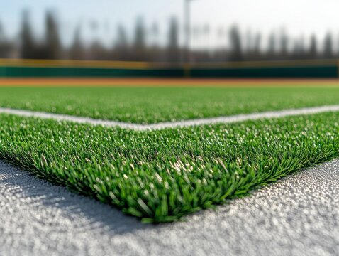 A close-up view of a baseball field's artificial turf and white chalk line, showcasing vibrant green grass and a blurred background.