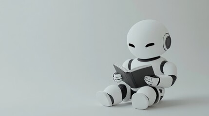 Robot reading book, minimalist studio