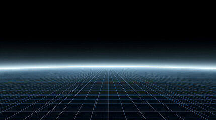 Abstract grid landscape, futuristic digital horizon, glowing light, dark background, technology concept, virtual reality, cyberspace, network, connection, data.
