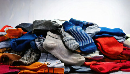 Colorful assortment of multi-patterned socks piled together on a clean surface. Generative AI