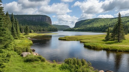 Fototapeta premium A picturesque river bend with crystal-clear water and lush green surroundings.