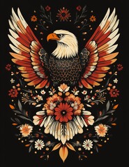 Vintage Eagle Tattoo Illustration with Floral Design