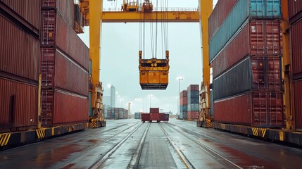 Container being lifted at shipping port front view Cargo handling efficiency.