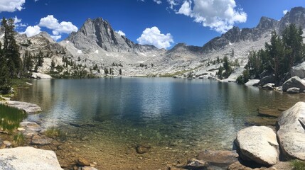 A pristine mountain lake with crystal-clear water reflecting the blue sky.